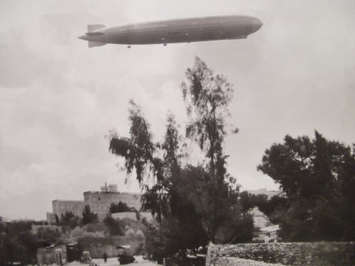 A zeppelin above the King Daviv Hotel, Jerusalem, 1929