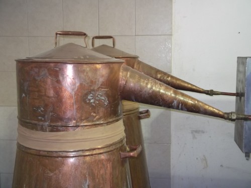 Close-up of the copper distillers