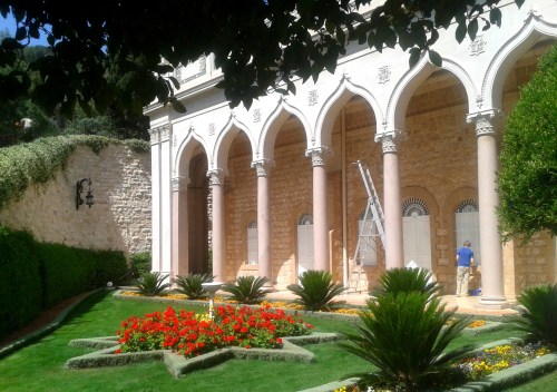 Working on the shrine's exterior