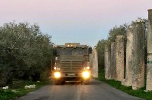 Safaron driving past the pillars of Sebastia