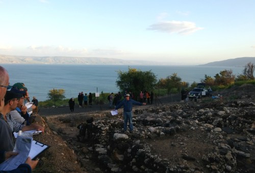 Prof Aren Maeir lecturing from the ruined walls of Tel Kinnorot
