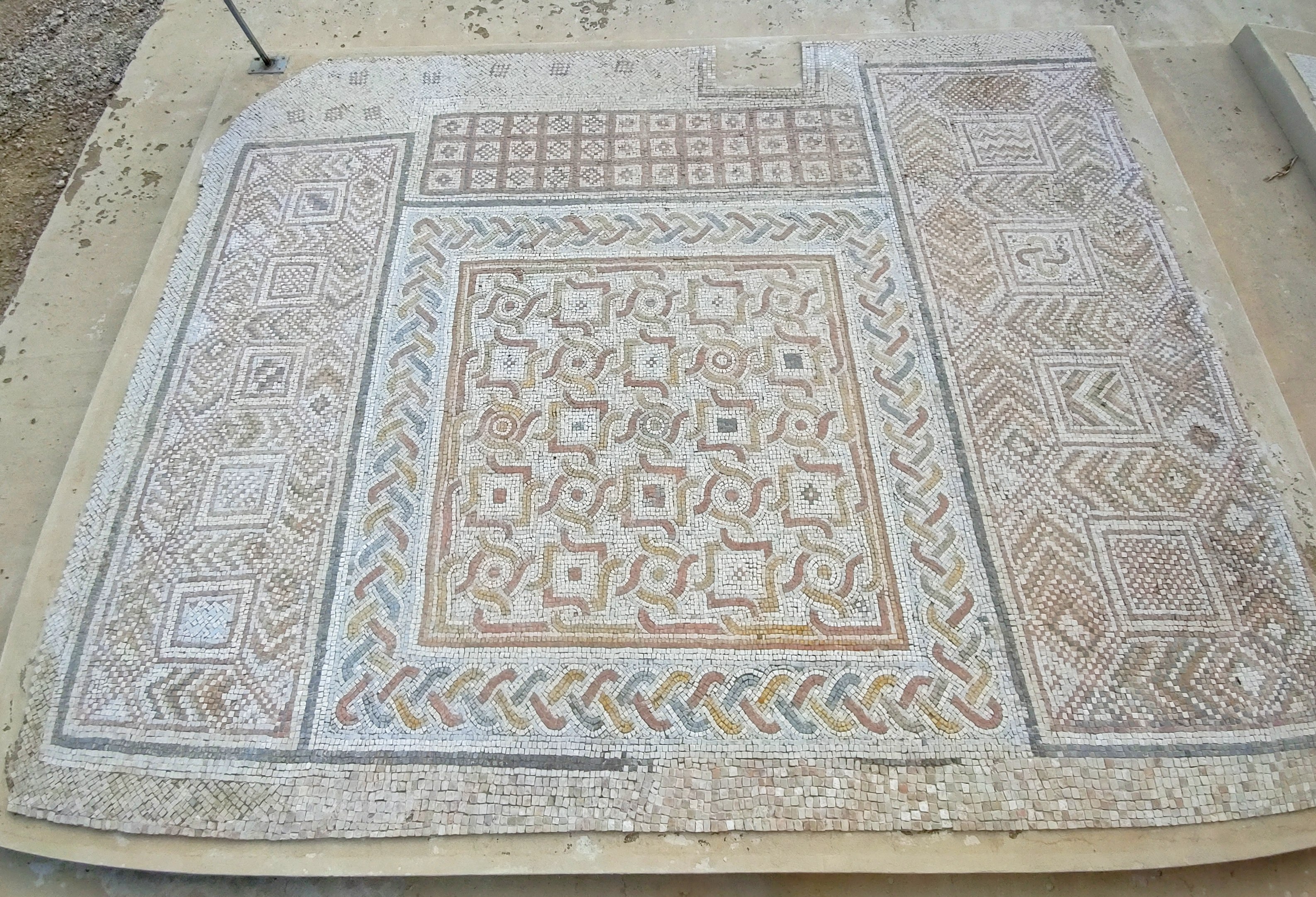 The fancy mosaic floor of Khirbet el-Lattatin displayed at the Good Samaritan Museum